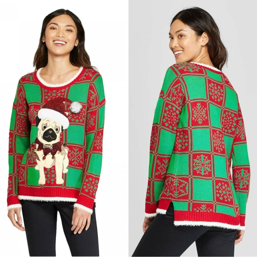 33 Degrees Plaid Pug Dog Puppy Bells Ugly Christmas Knit Sweater Red Green
